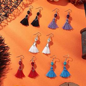 304 из нержавеющей стали болтаться серьги, с подвеской из синтетической бирюзы и поликоттона с кисточкой, цвет нержавеющей стали