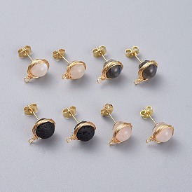 304 Stainless Steel Ear Stud, with Ear Nuts and Natural Gemstone Beads, Flat Round