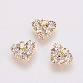 Brass Micro Pave Cubic Zirconia Charms, Long-Lasting Plated, Heart, Nickel Free, Real 18K Gold Plated