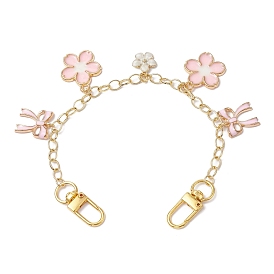 Flower & Bowknot Brass Bag Extension Chains, Cable Chains, with Alloy Pink Enamel Charms and Clasps