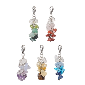 Natural & Synthetic Mixed Gemstone Chip Beads Pendant Decorations, Lobster Clasp Charms for Bag Ornaments