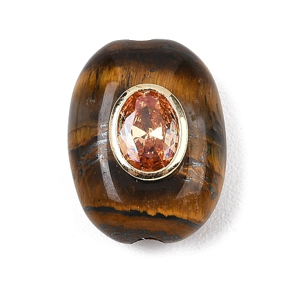 Natural Tiger Eye Beads, with Brass Micro Pave Cubic Zirconia, Flat Oval, Rack Plating, Long-Lasting Plated, Lead Free & Cadmium Free, Real 18K Gold Plated
