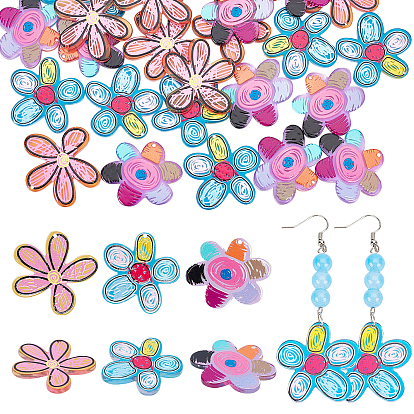 30Pcs 3 Style Transparent Acrylic Pendants, 3D Printed, Flower