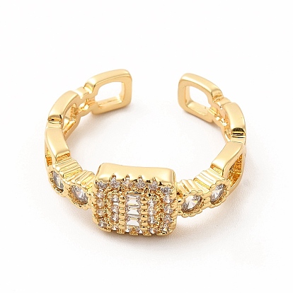 Cubic Zirconia Rectangle Open Cuff Ring, Golden Brass Jewelry for Women