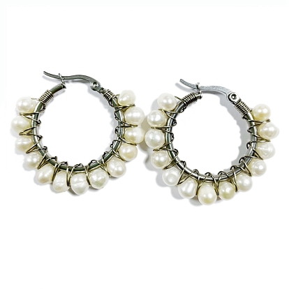 Pendientes de aro de perlas naturales para niña mujer, Pendientes de aro de acero inoxidable