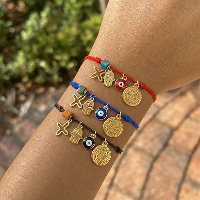 Religion 304 Stainless Steel Cross Hamsa Hand Evil Eye Charm Bracelet Sets, Adjustable Stackable Cord Bracelets with Cube Dyed Natural Imperial Jasper Beads, Golden