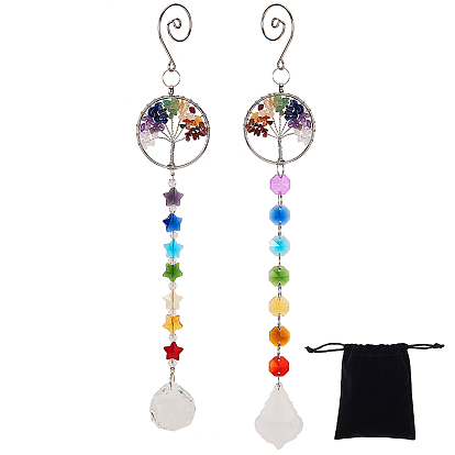 Crystals Chandelier Suncatchers Prisms, Octogon Chakra Hanging Pendants, with Gemstone Chips, for Home, Garden Decoration, Flat Round with Tree of Life