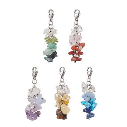 Natural & Synthetic Mixed Gemstone Chip Beads Pendant Decorations, Lobster Clasp Charms for Bag Ornaments