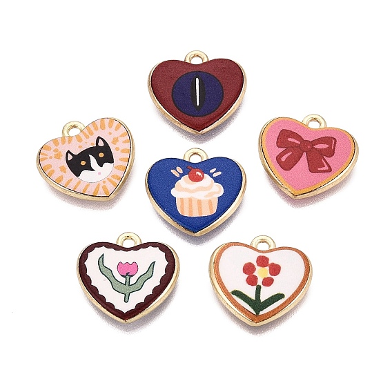 Printed Alloy Pendants, Rack Plating, Heart Charms, Cadmium Free & Nickel Free & Lead Free, Golden