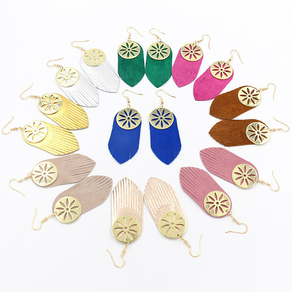 Богемные серьги-подвески из сплава и овечьей шкуры с кисточками, плоские круглые с цветочным узором, золотые