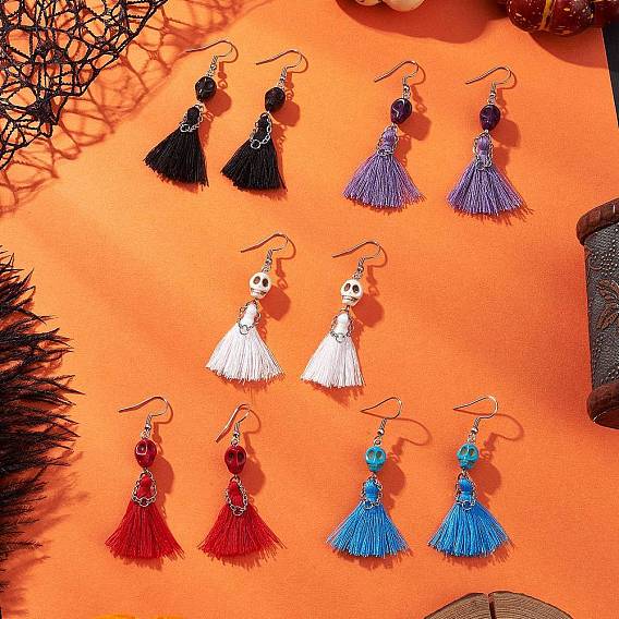 304 из нержавеющей стали болтаться серьги, с подвеской из синтетической бирюзы и поликоттона с кисточкой, цвет нержавеющей стали