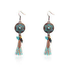 Tibetan Style Alloy Dangle Earrings, with Synthetic Turquoise Beads, Flat Round