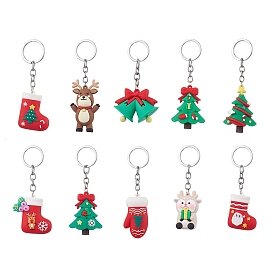 10Pcs 10 Styles Christmas Themed PVC Plastic Keychain, with Alloy Split Key Rings