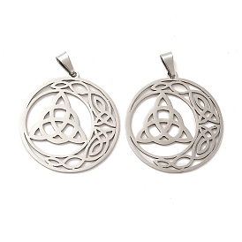 201 Stainless Steel Pendants, Hollow, Flat Round with Trinity Knot Charm