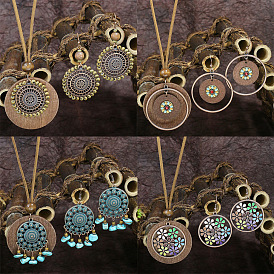 Комплекты из ожерелий и висячих серег из богемского сплава с эмалью и деревом, плоско-круглые