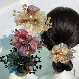 Crystal Flower Hair Tie for Women, Elegant Organza Headband with Beaded Floral Design