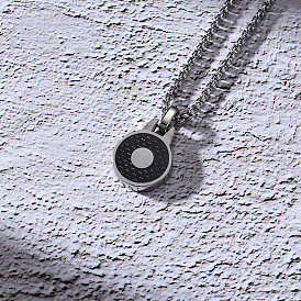 304 Stainless Steel Flat Round Pendant Necklaces for Unisex, Black
