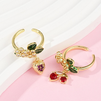 Манжеты из латуни с микро паве кубический цирконий для женщин, клубника, с эмалью, стойки покрытие, долговечный, без свинца и без кадмия, реальный 18 k позолоченный