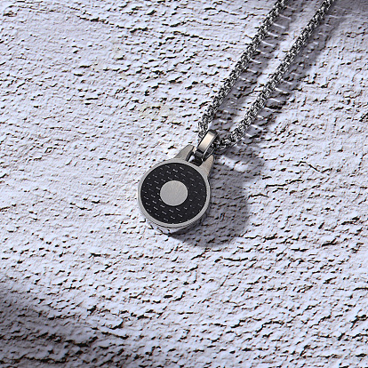 304 Stainless Steel Flat Round Pendant Necklaces for Unisex, Black