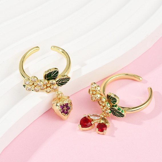 Манжеты из латуни с микро паве кубический цирконий для женщин, клубника, с эмалью, стойки покрытие, долговечный, без свинца и без кадмия, реальный 18 k позолоченный