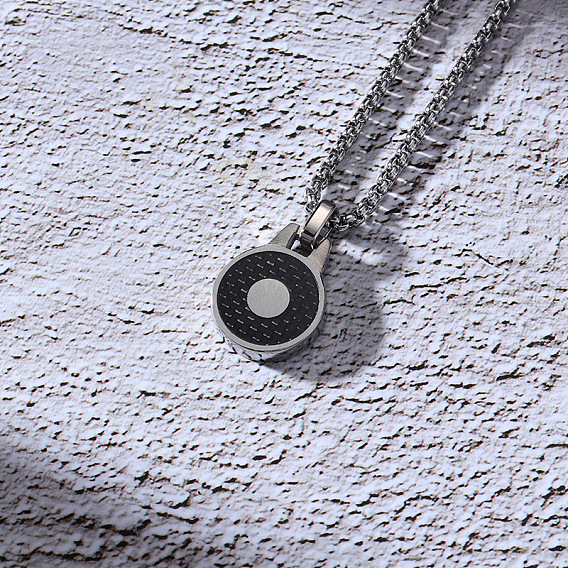 304 Stainless Steel Flat Round Pendant Necklaces for Unisex, Black