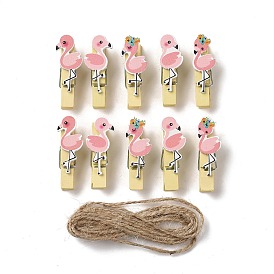 Wooden & Iron Clothes Pins, Flamingo Theme, with Hemp Rope for Hanging Note, Photo, Clothes, Office School Supplies
