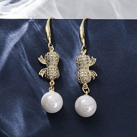 Серьги-подвески из латуни с прозрачным кубическим цирконием и прозрачным паве, с ABS имитации жемчуга, стойки покрытие, долговечный, без свинца и без кадмия, бантом с круглой