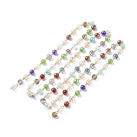 Handmade Electroplated Glass Beaded Chains, with Brass Findings, AB Color, Round, Unwelded, Golden