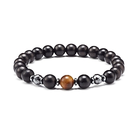 Energy Power Round Beads Stretch Bracelet for Men Women, Natural Tiger Eye & Non-Magnetic Synthetic Hematite & Natural Wood Beads Bracelet