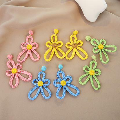 Bohemian 304 Stainless Steel & Raffia Stud Dangle Earrings, Flower