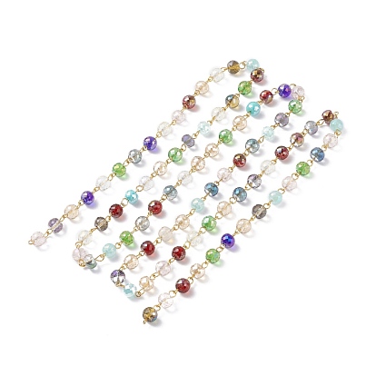Handmade Electroplated Glass Beaded Chains, with Brass Findings, AB Color, Round, Unwelded, Golden