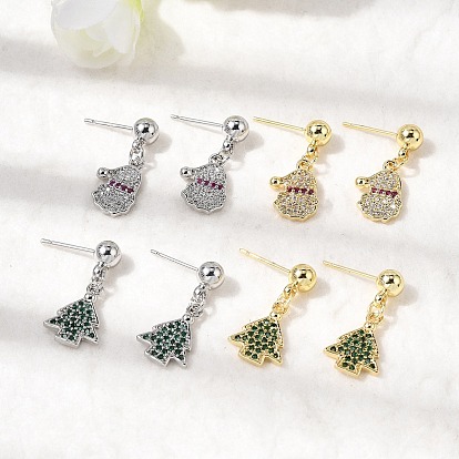 Рождественские серьги-гвоздики с подвесками из латуни с микропаве из кубических цирконий, стойки покрытие, долговечный, без кадмия и без свинца