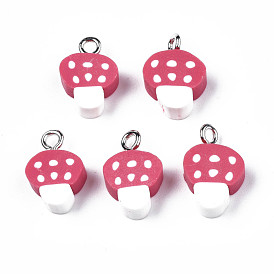 Autumn Theme Handmade Polymer Clay Charms, with Platinum Plated Iron Loop, Imitation Food, Mushroom