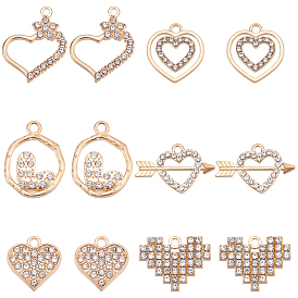 SUPERFINDINGS 48Pcs 6 Style Alloy Pendants, with Crystal Rhinestone, Cadmium Free & Nickel Free & Lead Free, Light Gold, Heart