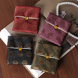 Chinese Style Cloth Bags with Buttons, Rectangle with Flower Jewelry Pouches