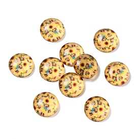Glass Cabochons, Half Round/Dome with Sunflower Pattern