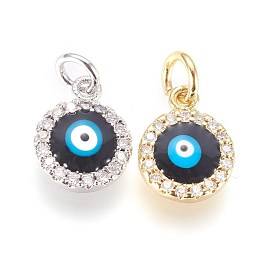 Brass Micro Pave Cubic Zirconia Charms, with Enamel and Jump Ring, Evil Eye