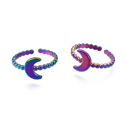 304 anneau de manchette croissant de lune en acier inoxydable, bague ouverte couleur arc-en-ciel pour femme