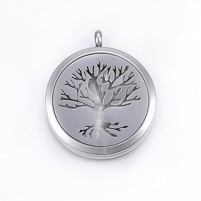 304 Stainless Steel Magnetic Diffuser Locket Pendants, Flat Round with Tree of Life
