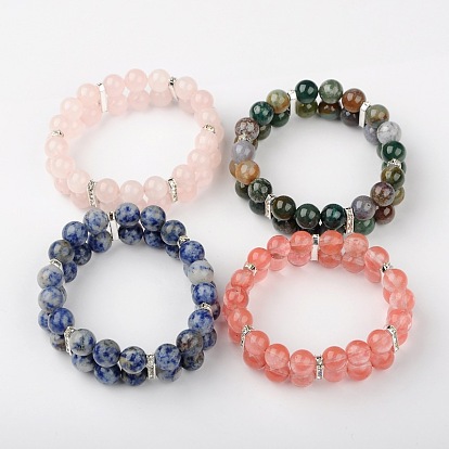 Gemstone Round Beads Stretchy Bracelets, with Brass Meddle East Rhinestone Bridge Spacers, Silver Color Plated, 56mm