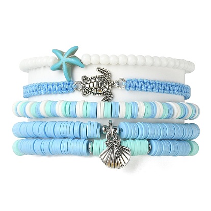 5Pcs 5 Style Polymer Clay Heishi Surfer Stretch Bracelets Set, Synthetic Turquoise Starfish & Alloy Tortoise & Shell Stackable Bracelets