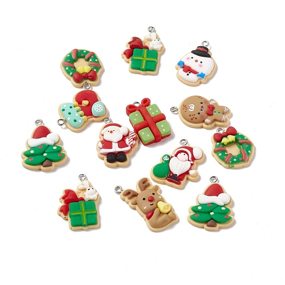 Christmas Theme Opaque Resin Pendants, with Platinum Tone Iron Findings, Gift Box & Santa Claus & Christmas Tree & Wreath & Reindeer/Stag, Mixed Shapes