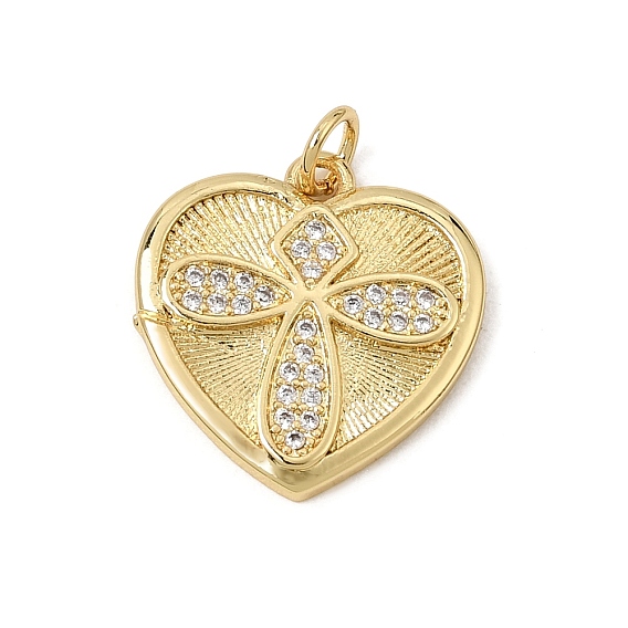 Brass Micro Pave Clear Cubic Zirconia Pendants, Heart with Cross Charms, Rack Plating, Long-Lasting Plated, Cadmium Free & Lead Free