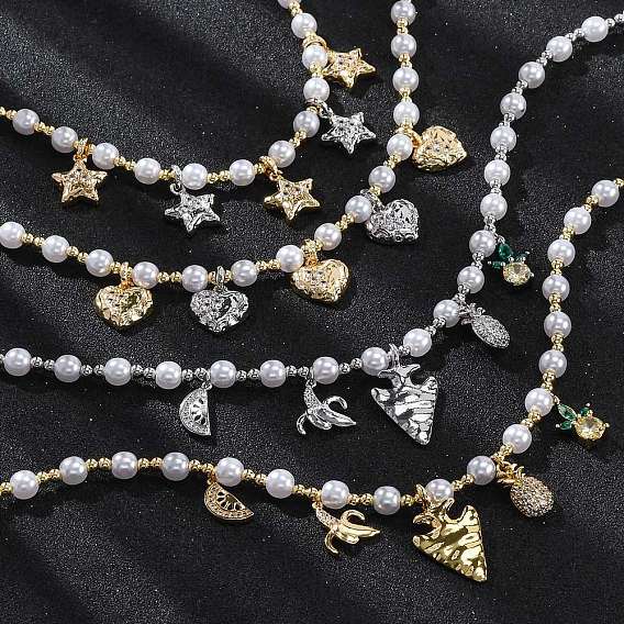 Ожерелья из латунных бусин с микропаве из прозрачного кубического циркония, с abs имитационными жемчужными бусинами , без кадмия и без свинца, долговечный, стойки покрытие