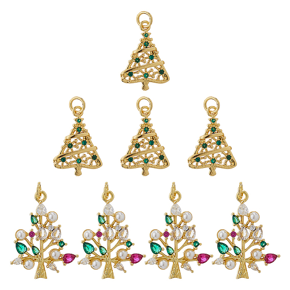 8шт. 2 стили из латуни с подвесками из фианита, дерево, без кадмия и без свинца, стойки покрытие, Новогодняя тема, с целью перехода в кольце