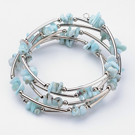 Natural Gemstone Beaded Wrap Bracelets, with Steel Bracelet Memory Wire, Iron Beads and Brass Tube Beads, Platinum