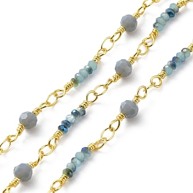 Glass Rondelle Beaded Chains, with Real 18K Gold Plated Brass Chains, Soldered, with Spool