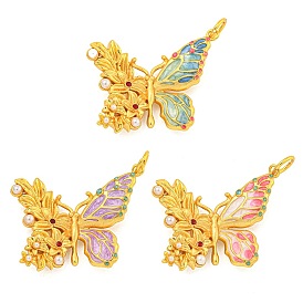 Rack Plating Brass Enamel Pendants, with ABS Imitation Pearl and Jump Ring, Cadmium Free & Lead Free, Real 18K Gold Plated, Long-Lasting Plated, Butterfly Charm