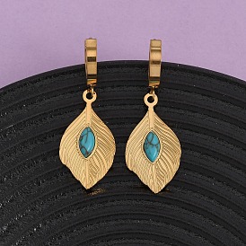 304 серьги-кольца из нержавеющей стали в форме перьев, с синтетическими бирюзовый, ионное покрытие (ip)