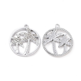 Alloy Crystal Rhinestone Pendants, Flat Round with Coconut Tree Charms